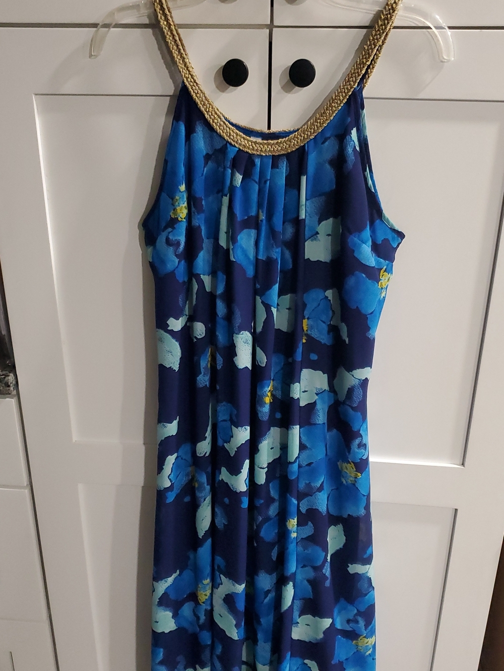 Charming Charlie Navy Blue Floral Maxi Dress with Gold Trim